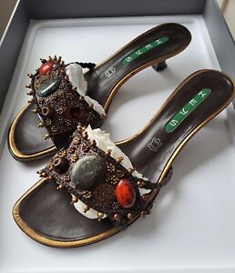 Women Unisa embelished brown sandals low kitten heel US size 8 EU size 38