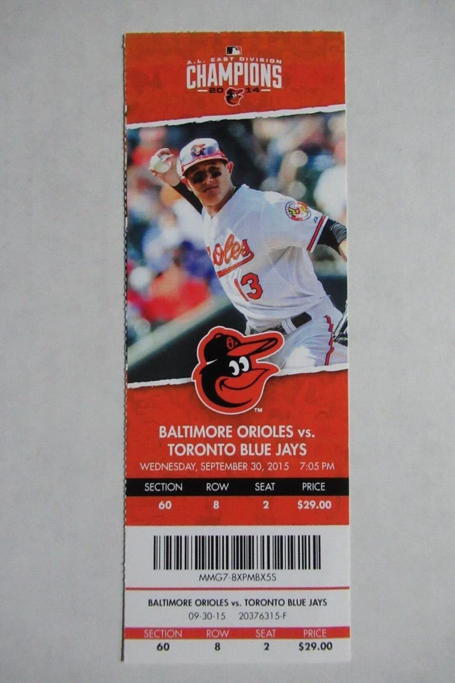 ORIOLES VS BLUE JAYS 9/30/2015 FULL TICKET~ CHRIS DAVIS (2 HRs) / MACHADO HR - Image 1 of 1