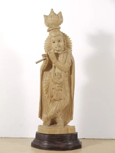 Vintage Hindu Lord Krishna Hand Carved Wooden Statue 23 cm Tall VGC - Foto 1 di 8