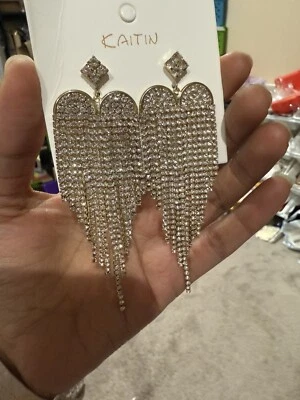 Pendientes largos con flecos de diamantes de imitación blancos grandes de oro grandes transparentes 4,2 Foto 1 de 4