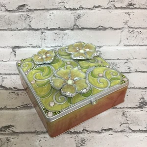 Vintage Enamel 3D Flowers Jewelry Box w/ Mirror Velvet Interior Dresser Decor - Picture 1 of 11