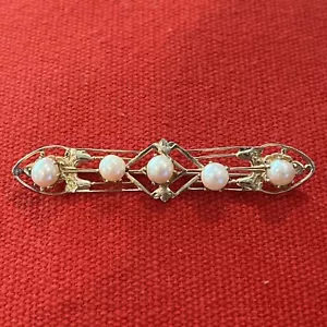 "Pin broche barra vintage Art Deco tono dorado con 5 perlas blancas naturales 2,5"" - #294" - Imagen 1 de 5