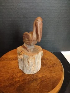 Vintage Hand carved Wooden Pelican Standing On Wooden Stump. Beautiful - Picture 1 of 12