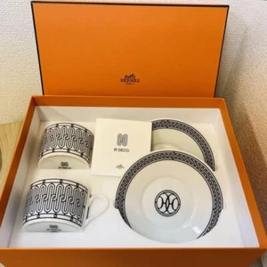 Hermes H Deco Tea Cup Saucer White Black Tableware 2 set Cafe Coffee Auth New  - Picture 1 of 8