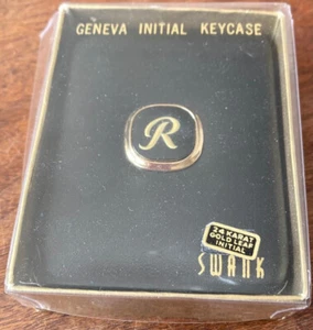 NEW~SWANK~LEATHER~BRASS~KEY CHAIN~14K GOLD LEAF INITIAL "R"~GENEVA KEYCASE~NICE - Picture 1 of 6