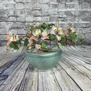 Vintage Jade Glass Bonsai Tree Japanese Oriental Blossom Ceramic Celadon Pot - Picture 1 of 5