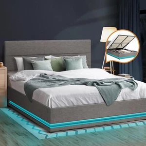Oikiture Bed Frame Double Size Bed Platform RGB LED Gas Lift Base Storage Grey - Picture 1 of 10