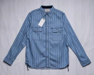 Samurai Shuriken Throwing Star Print Work Shirt Light Indigo SSS22-SHR-OVS L - Picture 1 of 9