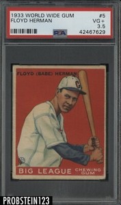 1933 World Wide Gum #5 Floyd Babe Herman Chicago Cubs HOF PSA 3.5 VG+