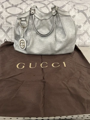 AUTHENTIC GUCCI Sukey Med Tote Shoulder Hand Bag Guccissima Leather Silver - Image 1 of 4