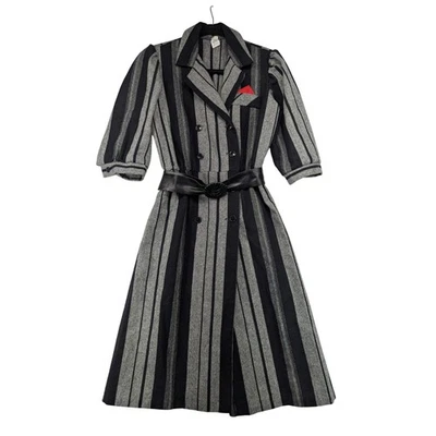 Vestido Acrílico Vintage Rayas Doble Pecho Cinturón Largo Midi Botón Delantero Foto 1 de 4