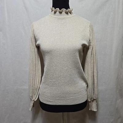 Suéter feminino Nanette Lepore pulôver grande cintilante dourado manga plissada malha - Imagem 1 de 4