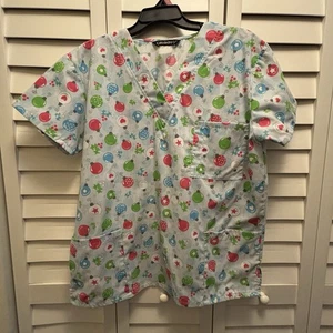 Vintage Cassandra O Uniform Shirt Adult Large Blue Festive Ornament Scrub Top - Picture 1 of 5