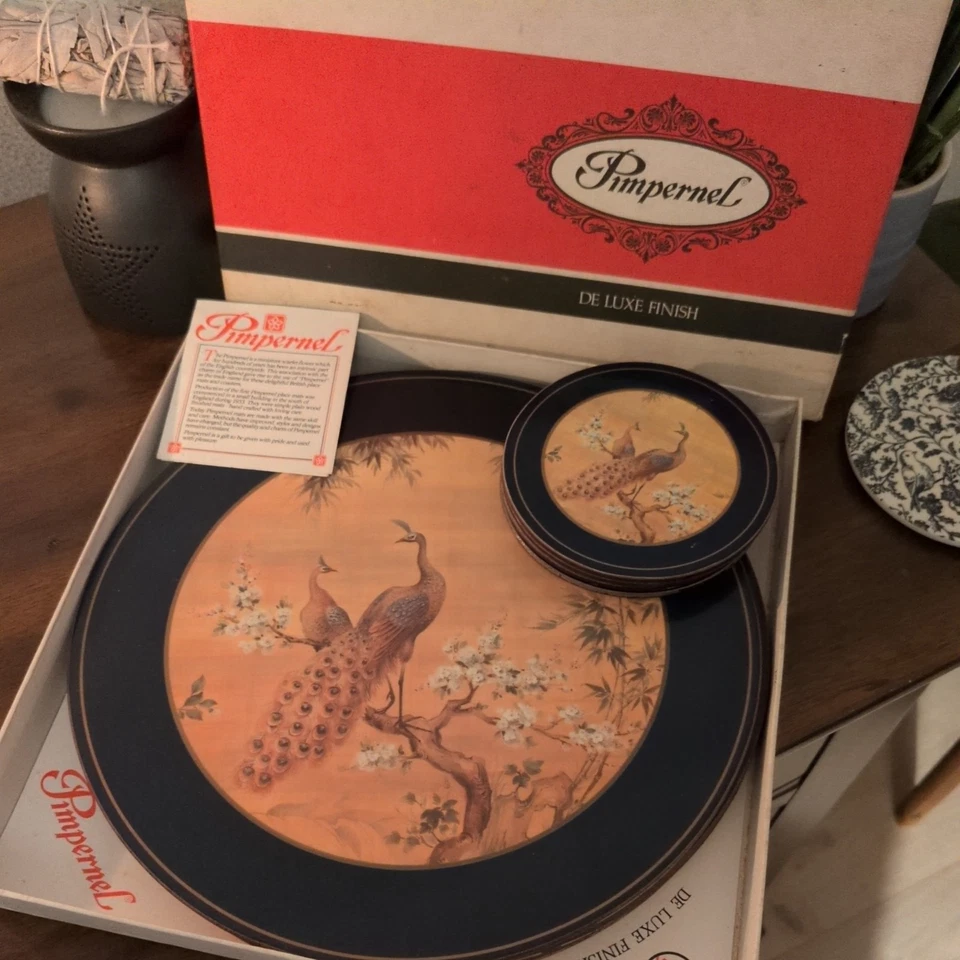 Pimpernel Deluxe Boxed Round Table 4 Place Mats and 4 Coasters - Peacock Design  - Image 1 of 4