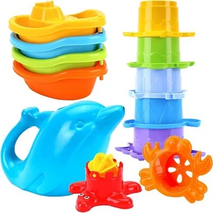 Bath or Beach Toys Baby Toddlers 12 pcs Rainbow Stacking Cups Boats Watering Can - Picture 1 of 9