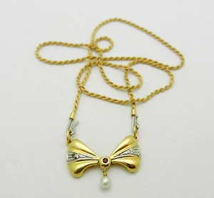 Solid 18k Yellow Gold Bow-Knot Style Pendant Pearl Diamond  Chain Necklace 7.6gr - Picture 1 of 8