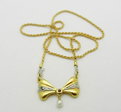 Solid 18k Yellow Gold Bow-Knot Style Pendant Pearl Diamond  Chain Necklace 7.6gr - Image 1 of 4