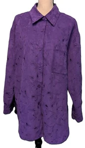 Coldwater Creek Large Purple Long Sleeve Velour Shirt Embroidery Paisley, Button - Picture 1 of 8