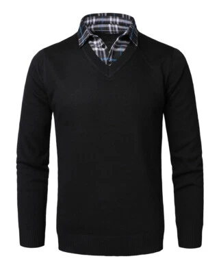 Herren 2 in 1 Kragen Strick Pullover Langarm Hemd Strickjacke V-Ausschnitt BN - Bild 1 von 4