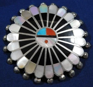 ZUNI A U STERLING Multi Stone Inlay HANDMADE SUNFACE KACHINA PIN PENDANT Estate - Picture 1 of 3