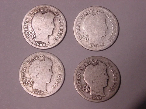 LOT OF 4 1908 1911 1912 1914-D MINT BARBER DIMES BETTER DATES NICE FREE SHIPPING Cover