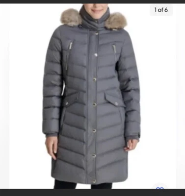 MICHAEL Michael Kors Flannel Grey Faux Fur Hooded Down Puffer Coat Sz XS NWT - Image 1 of 4