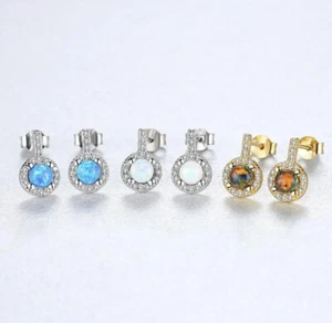 Round Opal CZ Stud Earrings 18ct Gold Plated 925 Sterling Silver Blue White - Picture 1 of 8