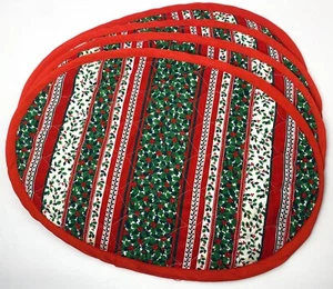 Vintage Christmas Quilted Fabric Placemats Reversible Calico Stripe Holly Set 4 - Picture 1 of 17