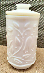 Antique Great Pot Glass Opal White Style Pharmacy Pattern Flower Relief Vintage