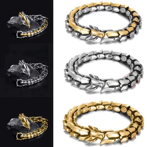 Punk Men Viking Ouroboros Vintage Hippop Bracelet Stainless Steel Bangle Jewelry - Picture 1 of 21