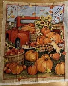 45"x 36"-Red Truck Filled with Pumpkins & Puppy Panel-Susan Winget-Cotton Fabric - Picture 1 of 7
