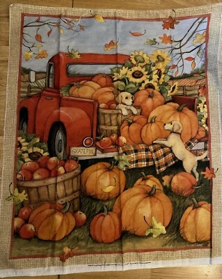 45"x 36"-Red Truck Filled with Pumpkins & Puppy Panel-Susan Winget-Cotton Fabric - Image 1 of 4