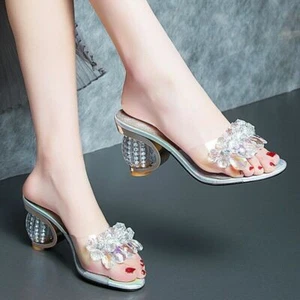 Women Rhinestone Sandals Peep Toe Clear Block Heel Slip On Beach Slippers Shoes - Picture 1 of 14