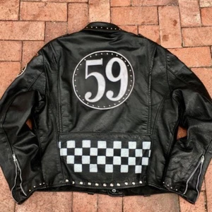 Rennflagge Vintage schwarz Leder Nieten Punk Rock Biker 59ers Jacke - Bild 1 von 4