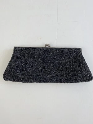 Carlo Fellini VTG Evening Bag/Clutch Beaded Black Silver Clasp Bead Handle /r - Image 1 of 4