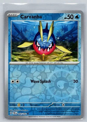 Pokemon Carvanha Common SV05: Temporal Forces Reverse Holo 042/162 NM - Image 1 of 2