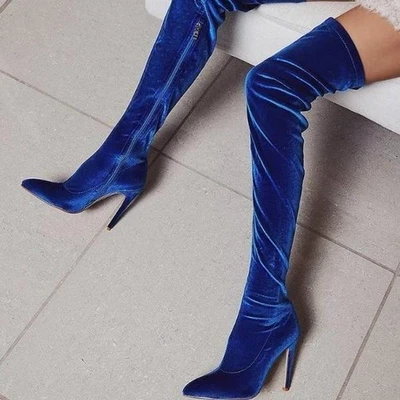 Ladies Pumps Thigh High Boots High Heel Pointed Toe Faux Velvet Zipper Up Shoes - Image 1 of 4