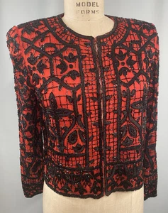 Vintage Beaded Jacket Top SIZE SMALL red black STENAY 80s 90s classic - Picture 1 of 12