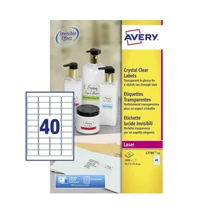 Avery Laser Label 45.7X25.4Mm 40 Per A4 Sheet Crystal Clear Pack 1000 Labels L77 - Afbeelding 1 van 3