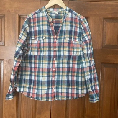LLBean Women’s Size Large 100% Linen Long Sleeve Button Up Plaid Shirt - Image 1 of 4