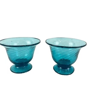 Lote de 2 vasos de postre soplados a mano turquesa remolino platos de helado - Imagen 1 de 5