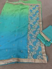 NEW Seagreen & Turquoise Sari with Blouse Piece & Fall
