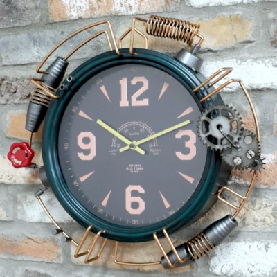 Industrial Engine Wall Clock Retro Aged Metal Factory Large 45cm Pipe Decor - Image 1 of 4