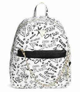NEW GUESS Lucianna Black White Logo Graffiti Print Chain Backpack Handbag 