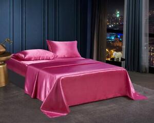 4 PC Satin Silky Soft Bed Sheet Set Queen/King Size Fitted Pillow Cases 5 Colors
