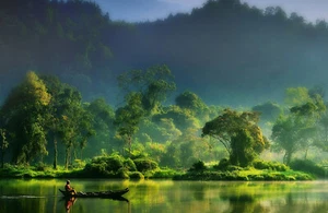Foto Wandbild-GREEN FLUSS- (7318) VLIES-Tapete-Wald Asiensee Boot XXL - Bild 1 von 2