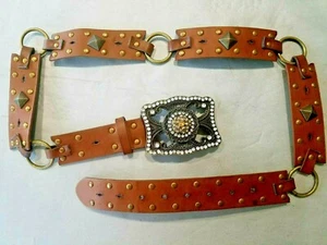LEATHER BELT Unisex Metal/Rhinestone Buckle & Ring Connectors Marked "12" - Picture 1 of 11