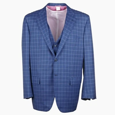 Terno Kiton Athletic-Fit xadrez azul Super 180s lã 3 peças 48L longo novo com etiquetas - Imagem 1 de 4