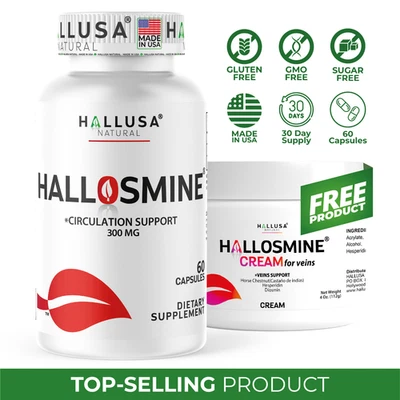 Hallosmine Diosmin 300 mg + Crema GRATIS para venas 4 oz, 01 botella 60 cápsulas Foto 1 de 4