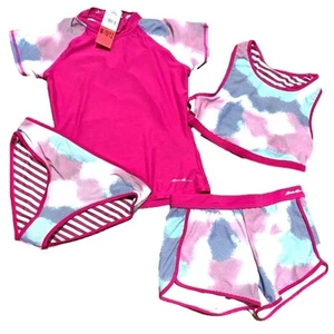 Eddie Bauer Girls Swim Rashguard Bikini Pink Shorts 4 Piece Set Medium NEW - Picture 1 of 9